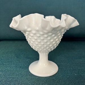 Fenton Hobnail Milk Glass Compote with Ruffled Top