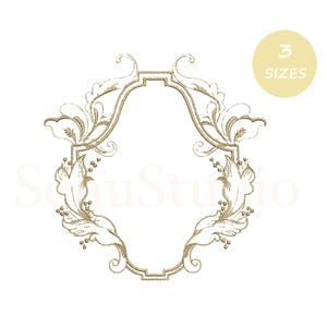 May include: An ornate, gold-colored embroidery design featuring a decorative frame with floral and leaf accents. The design includes the text "3 SIZES" in a yellow circle and file type abbreviations. The design is on a white background.