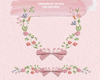 Floral Wreath Monogram Frame Embroidery Design, Bow Embroidery Machine Files (Instant Download)