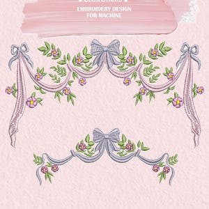 Monogram Frame Flowers with BOW Embroidery Design – Ribbon Embroidery Pattern (Instant Download)