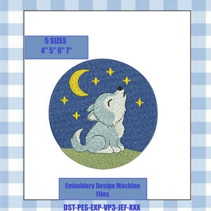 Wolf Cub Embroidery Design | Moon Stars Nature Stitch Art (ITH File)
