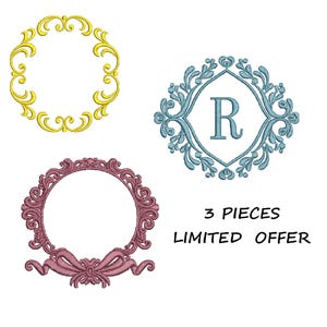 May include: Three embroidery designs featuring ornate frames. One frame is yellow, one is pink with a bow, and one is blue with the letter "R" in the centre. The text "3 PIECES LIMITED OFFER" is below the frames.