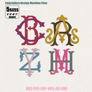 May include: Embroidery design machine files featuring four ornate monogram letter combinations in magenta, gold, brown, light pink, and blue. Text includes 5 SIZES 4-5-6-7 INCHES and file formats DST-PES-EXP-VP3-JEF-XXX. The letters have decorative flourishes.