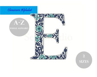 Fuente de bordado estilo chinoiserie, alfabeto floral azul, monograma elegante (descarga digital)