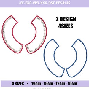 Può includere: Due set di disegni per ricamo a colletto curvo. Un set è delineato in rosso con un motivo floreale, l'altro è delineato in blu. Il testo include JEF-EXP-VP3-XXX-DST-PES-HUS, 2 DESIGN 4SIZES, 4 SIZES : 19cm - 15cm - 12cm - 10cm e 4"x4" HOOP.