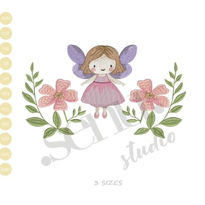 May include: An embroidered design featuring a cartoon fairy with brown hair, purple wings, and a pink dress, flanked by pink flowers and green leaves. The design includes the text "SC studio" and "3 SIZES".