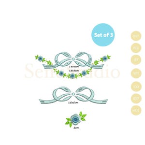 May include: A set of three embroidery designs featuring light blue bows and floral accents. The designs include two bow arrangements, one measuring 18x6cm and the other 15x5cm, and a single rose design measuring 2cm.