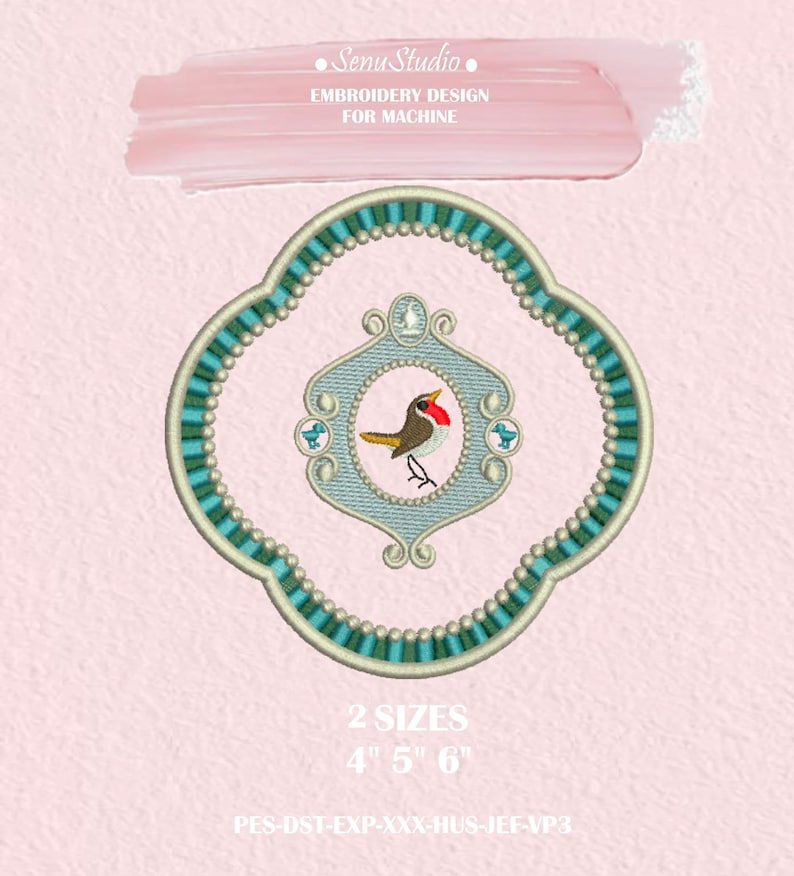May include: An embroidery design featuring a teal and gold frame with a bird in the center. The design includes the text "Senu Studio EMBROIDERY DESIGN FOR MACHINE" and "2 SIZES 4" 5" 6" . The design is on a pink background.