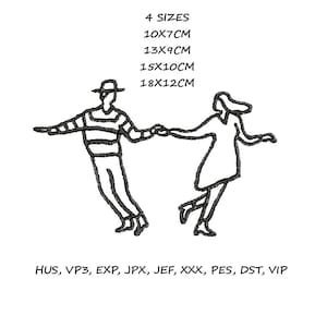 Puede incluir: Dibujo en blanco y negro de una pareja bailando. El hombre lleva un sombrero y una camisa a rayas. La mujer lleva un vestido. La imagen incluye el texto "4 SIZES 10X7CM 13X9CM 15X10CM 18X12CM HUS, VP3, EXP, JPX, JEF, XXX, PES, DST, VIP".