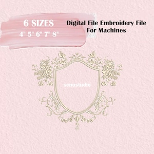 May include: Digital embroidery file for machines. The design features a gold floral crest with the text "senustudio" in the center. The image also includes text indicating 6 sizes: 4", 5", 6", 7", and 8", on a pink background.