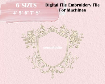 Elegante diseño de bordado de escudo real con monograma, corona floral de herencia, bordado nupcial de lujo con escudo (archivo digital).