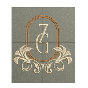 May include: Embroidered design featuring the letters "ZG" within an oval frame, accented with floral scrollwork. The design is in cream and gold tones on a gray background. The image is divided into four squares.