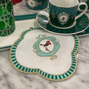 Pip Studio Napkin Table Cloths Napkin Applique Machine Embroidery Designs, Scalloped Napkin, Love Birds Napkin Set, Linen Cocktail Napkin