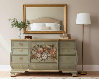 SOLD***Refinished Sage Green Large Dresser: Vintage Floral Decoupage, 12-Drawer, Potential Buffet or Console