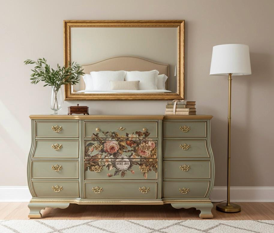 sage green dresser with gold hardware SOLDRefinished Large Bombe Dresser: Vintage Floral Decoupage, 12-Drawer, Potential Buffet or Console It will be a
