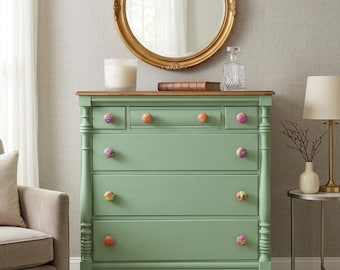 Refinished Large Antique Solid Wood Dresser: Green, Decoupaged Floral Knobs