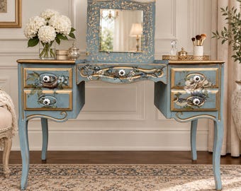 boho dressing table Vintage Bamboo Rattan Wicker Mirror & Stool Set Retro Uk Del 63W x 60H x