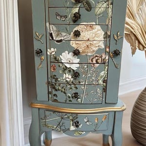 Refinished Jewelry Armoire: French Blue Floral Design, Gold Accents