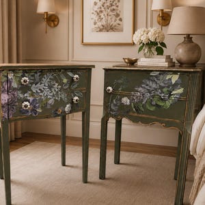 Pair of Refinished Boho Chic Antique Vintage Wood  Tables Painted Green with Violets
