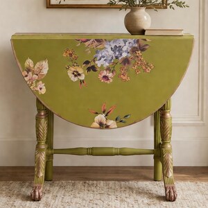 Refinished Hand Made Antique Solid Wood Painted & Floral Drop-Leaf Table with Gorgeous Detail