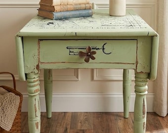 Refinished Vintage Solid Wood Green Drop Leaf  Accemt Table