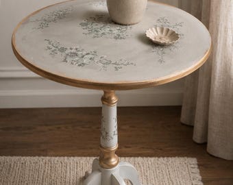 Refinished Vintage Wood Pedestal Table: Blue Green with Toile & Roses Design