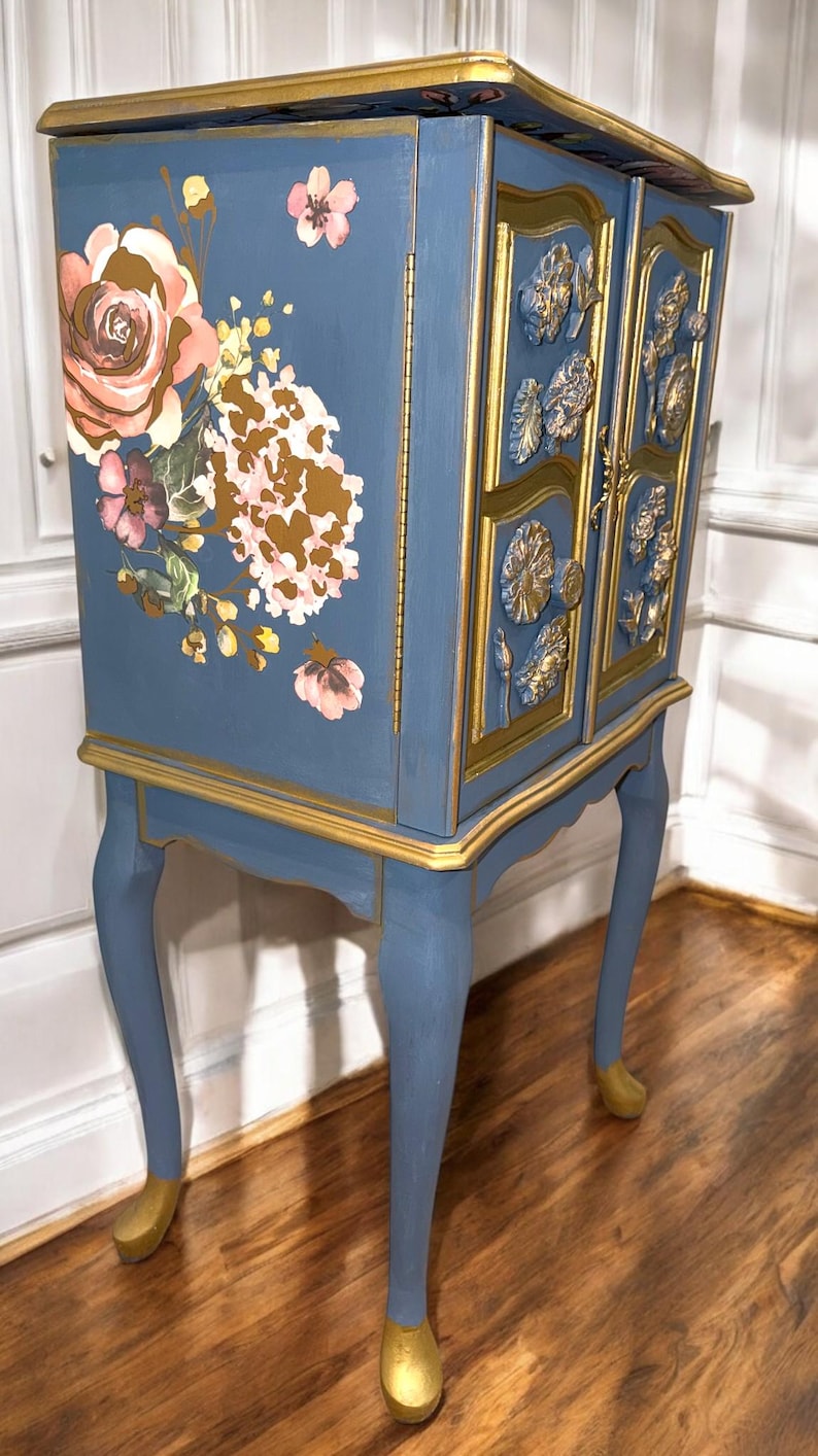 Blue Painted Jewelry Armoire: Floral, Decoupage, Raised Embellishments ...