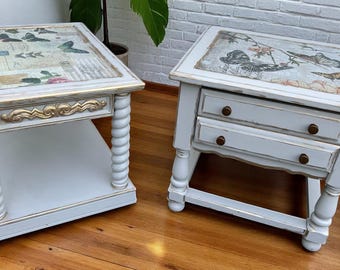 Refinished Solid Wood Nightstands: Taupe Beige End Tables with Butterfly Floral Inlays