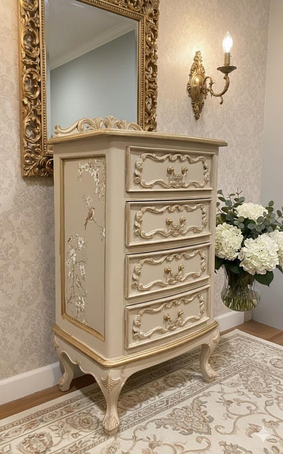 cream french provincial dresser Refinished French Provincial Solid Wood Cream Lingerie Chest / Dresser