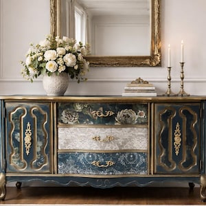 Large Refinished Bassett Wood Buffet / Console / Cabinet with Floral, Gold Accents & Decoupage