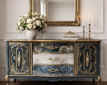 Large Refinished Bassett Wood Buffet / Console / Cabinet with Floral, Gold Accents & Decoupage