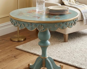 Restored Vintage Drum Round End Table: Teal & Floral Design
