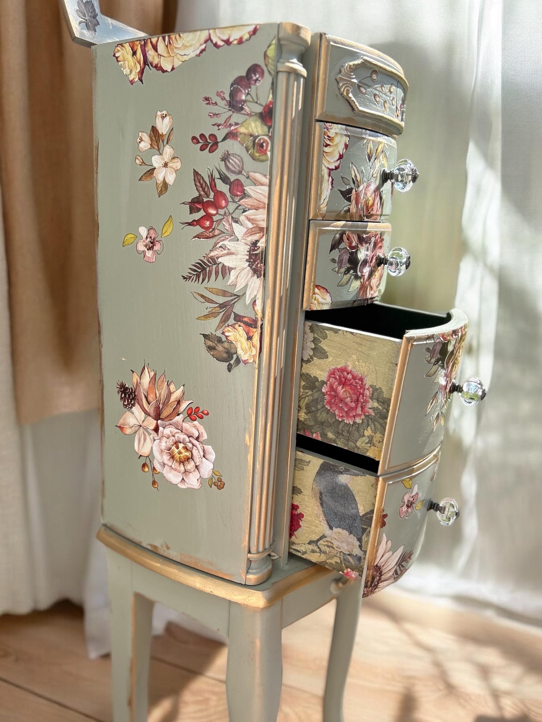 Refinished Jewelry Armoire: Creamy Green Floral, Vintage Style