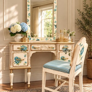May include: A white vanity table with gold accents and blue floral patterns, featuring a matching mirror and a chair with a blue striped cushion. The vanity has multiple drawers with gold handles and sits on four legs.