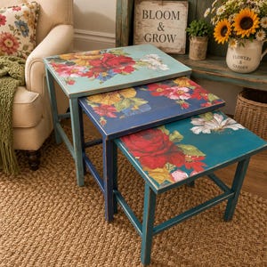 Refinished Painted Floral Set of Three Wood Nesting Tables