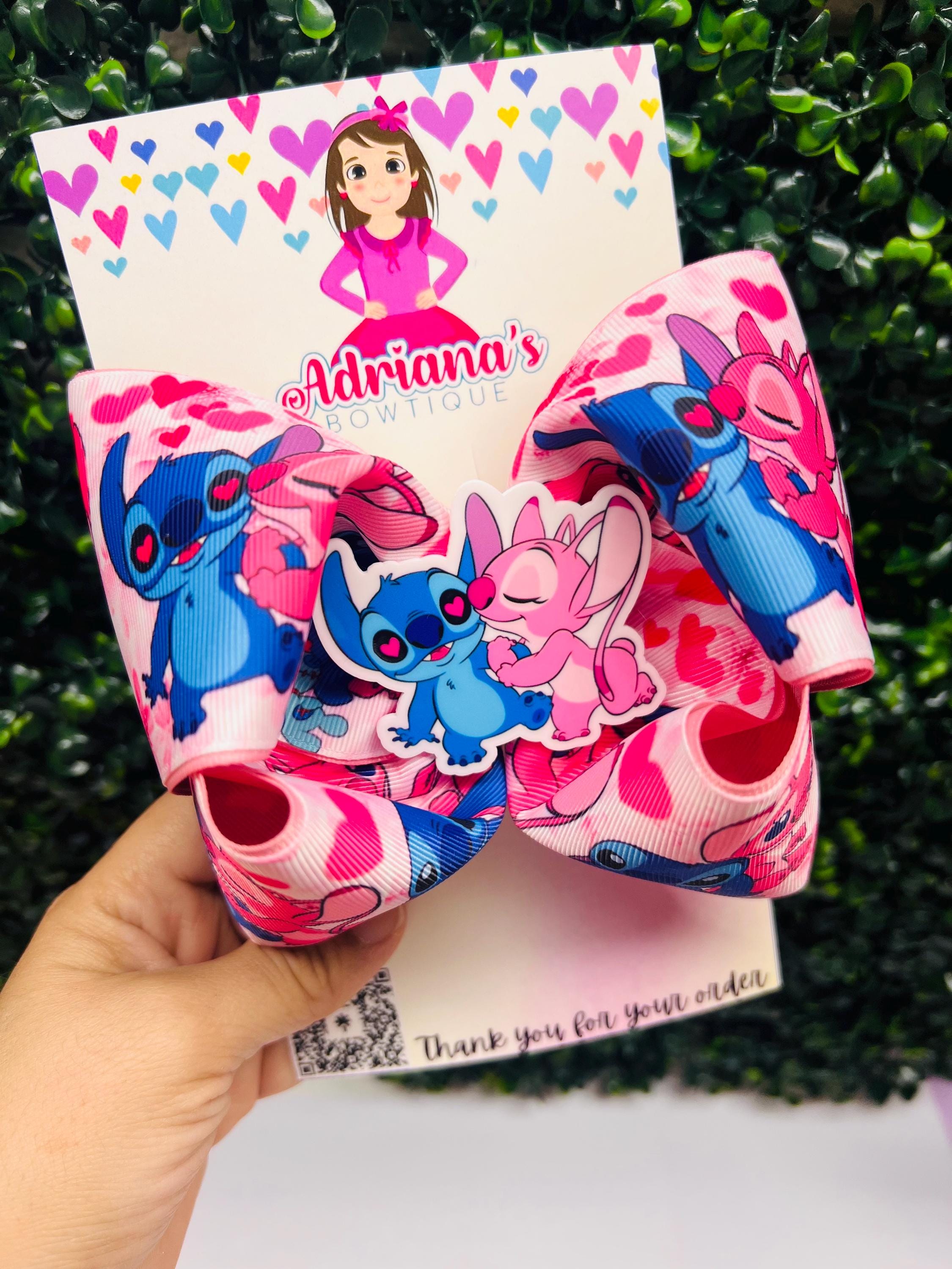 Stitch and Angel Valentine Hair Bow: Jumbo Handmade Bow (5.5 inch)