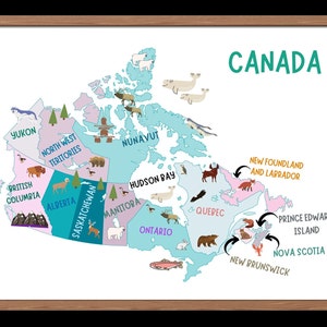 Bleu - Carte du Canada pour enfants, affiche, oeuvre d'art murale éducative et décorative, découpe en bonus