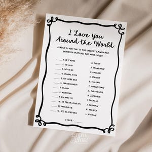 Giochi per la festa nuziale con fiocco nero Ti amo in diverse lingue Modello di gioco Addio al nubilato in tutto il mondo Gioco di lingue Ti amo Carta Corjl