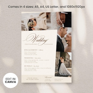 May include: A wedding photography package price list with images of a couple in various poses. The text includes the prices for engagement, wedding, and bundle packages. The text also includes the turnaround time for each package.