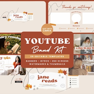 Youtube Brand Kit Cozy, Booktube Branding Kit Template Canva, Youtube Thumbnails Canva, Youtube Intro Outro Video, Youtube Banner Template