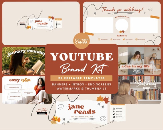 Youtube Brand Kit Cozy, Booktube Branding Kit Template Canva, Youtube Thumbnails Canva, Youtube Intro Outro Video, Youtube Banner Template