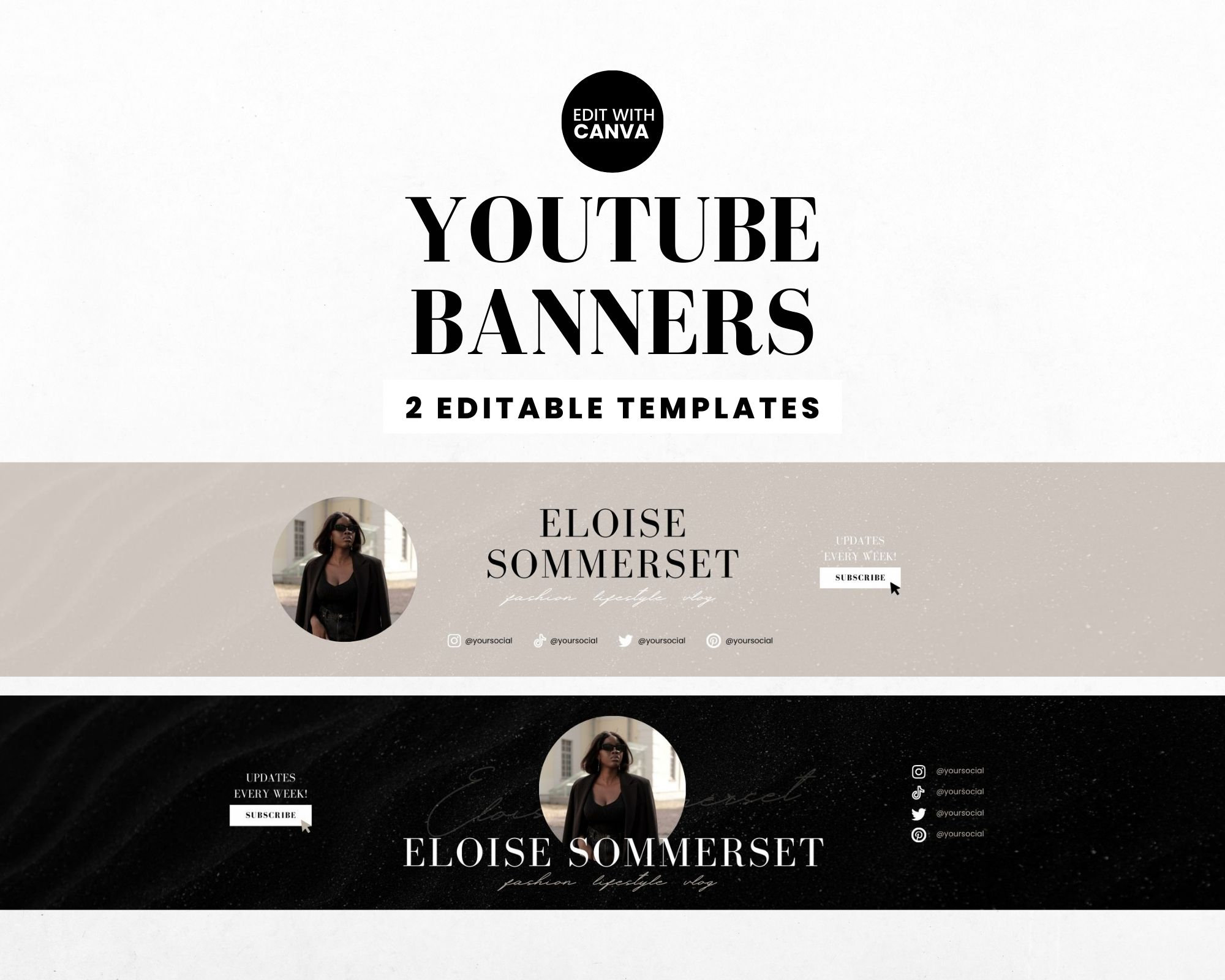 Youtube Banner Templates Canva Black, Editable Youtube Banner Set Canva