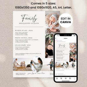 May include: A promotional graphic for family photography packages. The design includes text, sample photos, and a phone mockup. The packages include options for in-home, studio, and on-location shoots. The graphic is available in five sizes and can be edited in Canva.