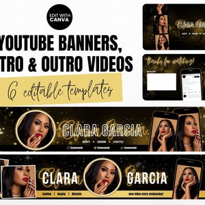 Schwarz und Gold Youtube Brand Kit, Youtube Banner Schwarz und Gold Animierte Youtube Intro und Outro Template Canva, Youtube Intro Template