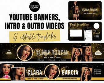 Kit de marca de YouTube en negro y dorado: plantillas animadas de intro, outro y banner (Canva)
