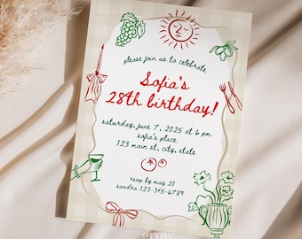 Modèle sur toile d'invitation d'anniversaire à thème italien dessiné main rouge et vert (téléchargement numérique)