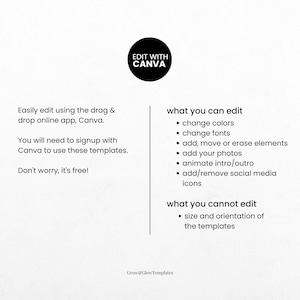 以下が含まれることがあります： Canva を使用してテンプレートを編集する方法を示すグラフィック。テキストには、「ドラッグアンドドロップのオンラインアプリ Canva を使用して簡単に編集できます。これらのテンプレートを使用するには、Canva にサインアップする必要があります。ご心配なく、無料です！」と書かれています。グラフィックには、編集できるものと編集できないものもリストされています。テキストには、「編集できるもの：色の変更、フォントの変更、要素の追加、移動、削除、写真の追加、イントロ/アウトロのアニメーション、ソーシャルメディアアイコンの追加/削除。編集できないもの：テンプレートのサイズと向き。」と書かれています。