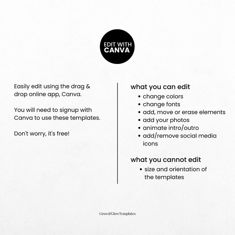 以下が含まれることがあります： Canva を使用してテンプレートを編集する方法を示すグラフィック。テキストには、「ドラッグアンドドロップのオンラインアプリ Canva を使用して簡単に編集できます。これらのテンプレートを使用するには、Canva にサインアップする必要があります。ご心配なく、無料です！」と書かれています。グラフィックには、編集できるものと編集できないものもリストされています。テキストには、「編集できるもの：色の変更、フォントの変更、要素の追加、移動、削除、写真の追加、イントロ/アウトロのアニメーション、ソーシャルメディアアイコンの追加/削除。編集できないもの：テンプレートのサイズと向き。」と書かれています。