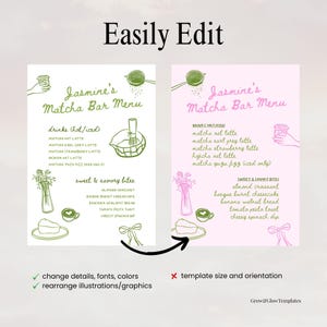May include: A digital menu template for a matcha bar, featuring drinks and sweet & savory bites. The design includes illustrations of matcha preparation, flowers, and food items. The text reads "Jasmine's Matcha Bar Menu."