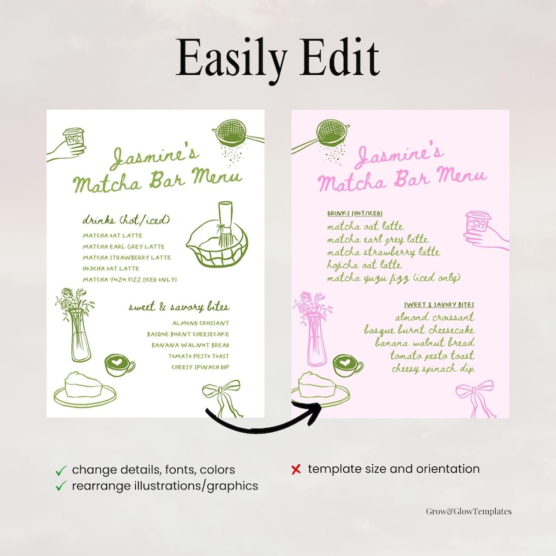 May include: A digital menu template for a matcha bar, featuring drinks and sweet & savory bites. The design includes illustrations of matcha preparation, flowers, and food items. The text reads "Jasmine's Matcha Bar Menu."